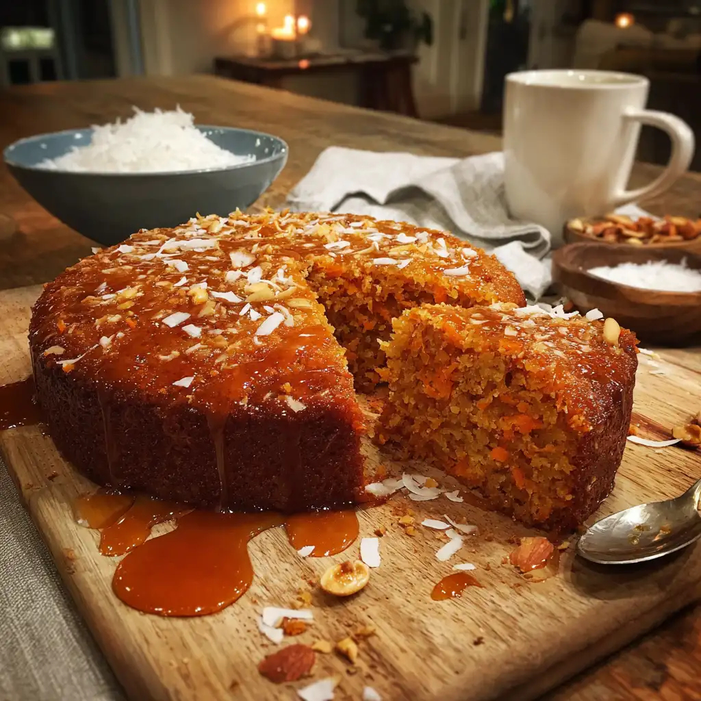 Carrot Coconut Sticky Cake with Cardamom Drizzle