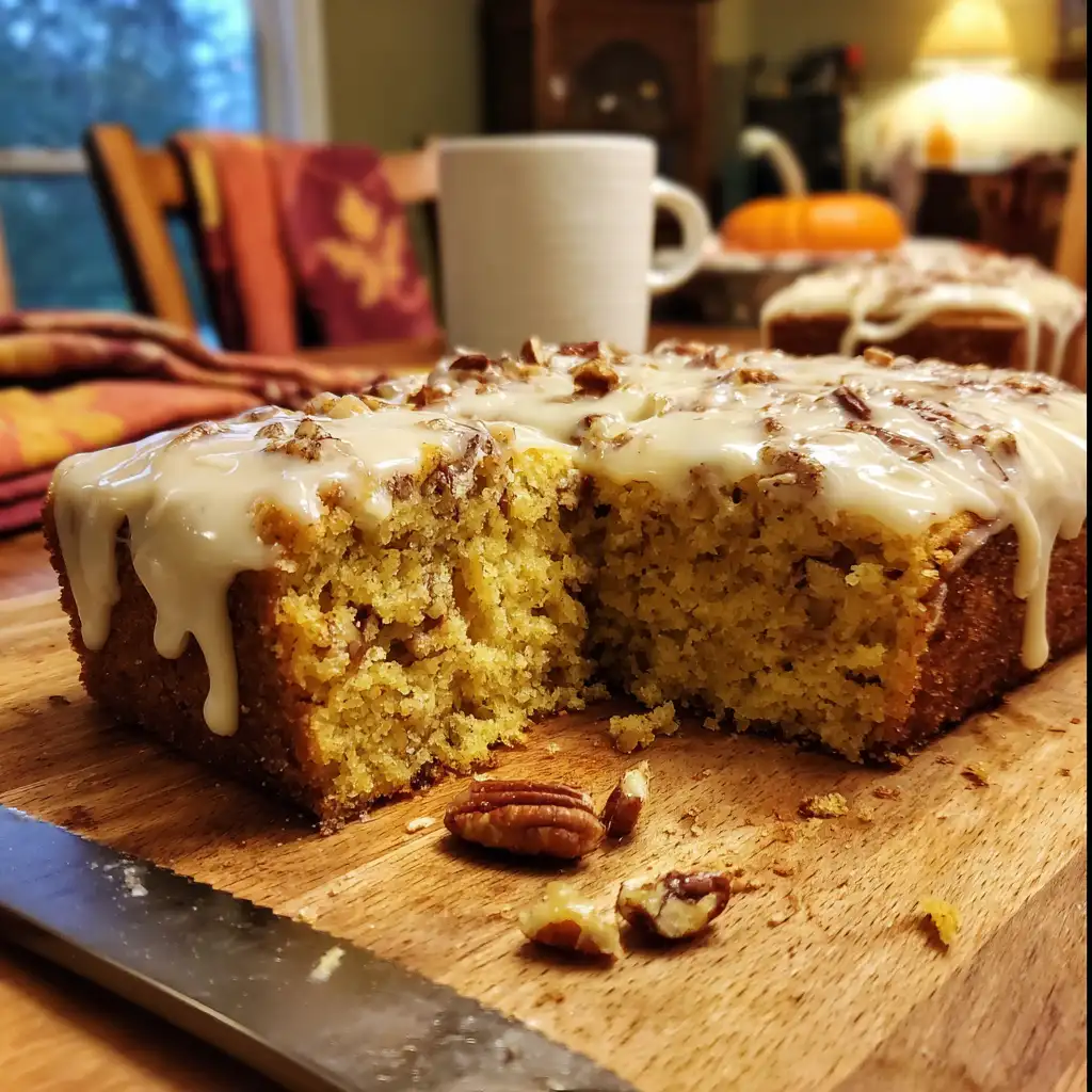 Spiced Pumpkin Pecan Cake with Cream Cheese Glaze