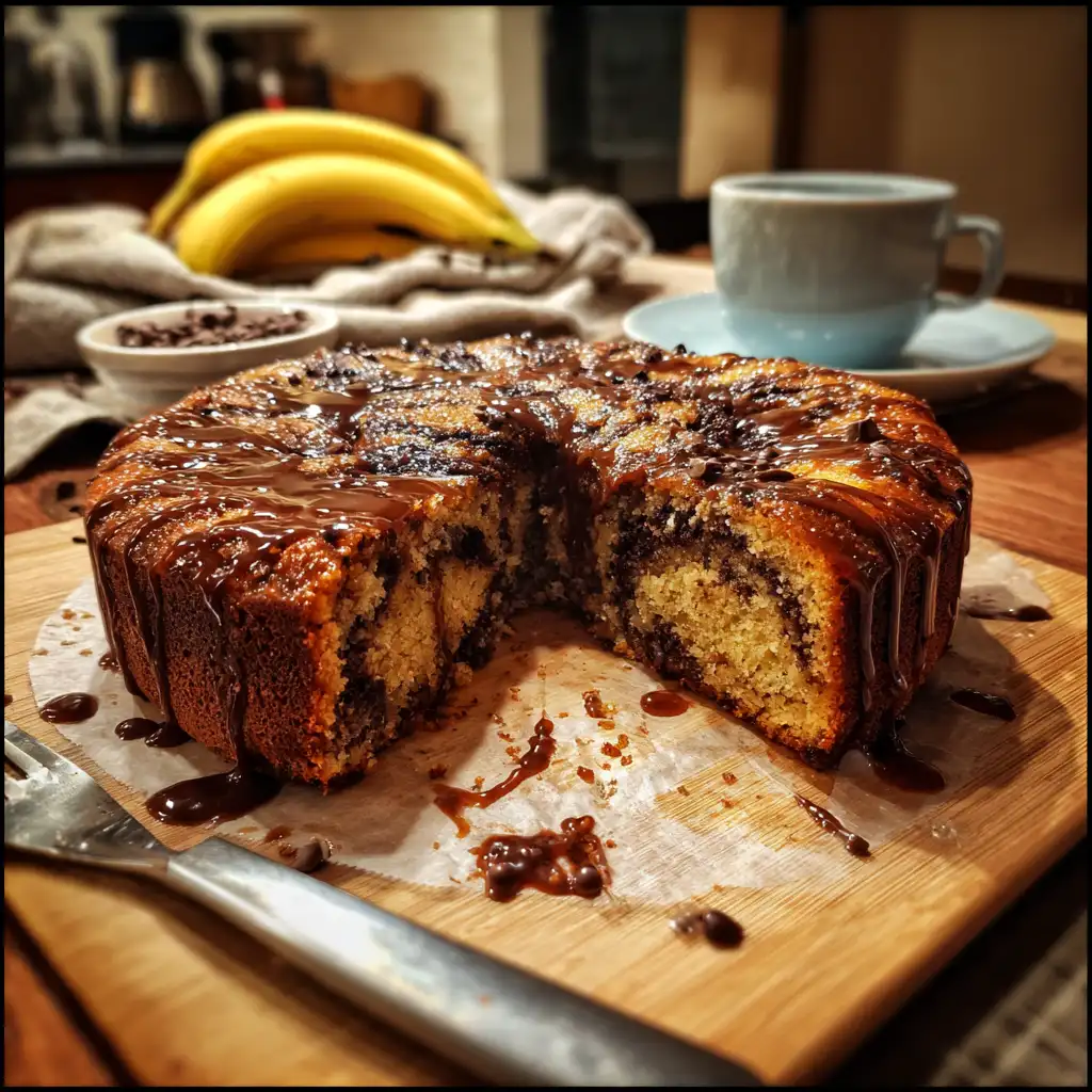 Sticky Banana Chocolate Swirl Cake is