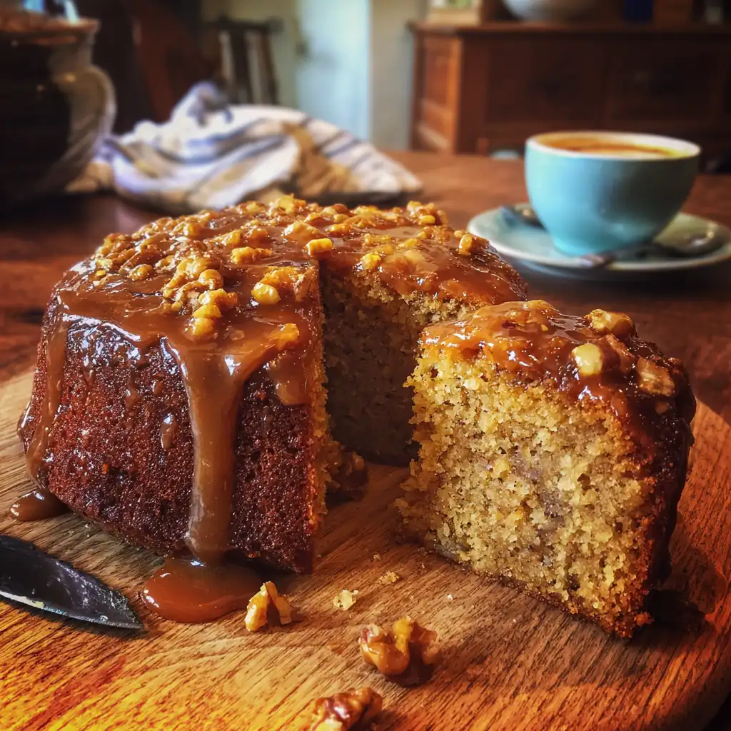 Sticky Banana Walnut Cake with Toffee Drizzle