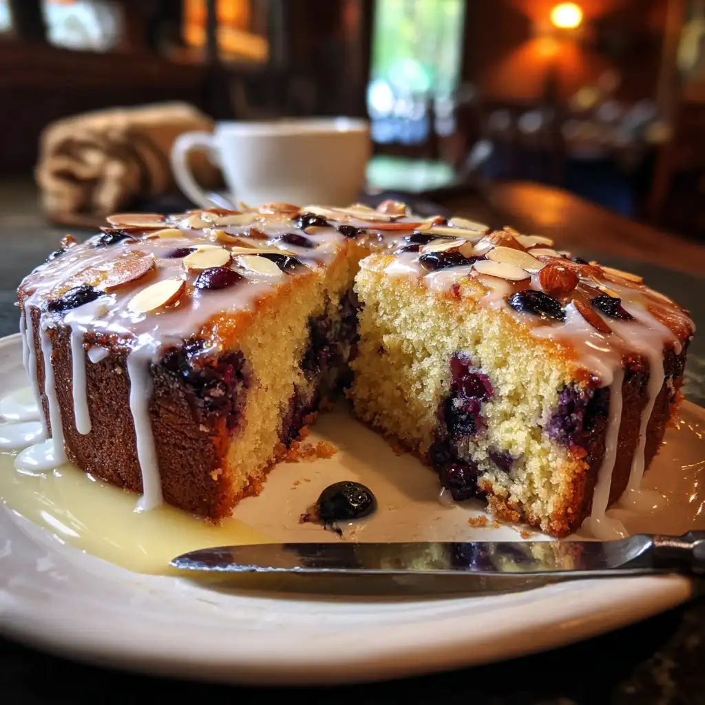 Sticky Blueberry Almond Cake with Vanilla Glaze
