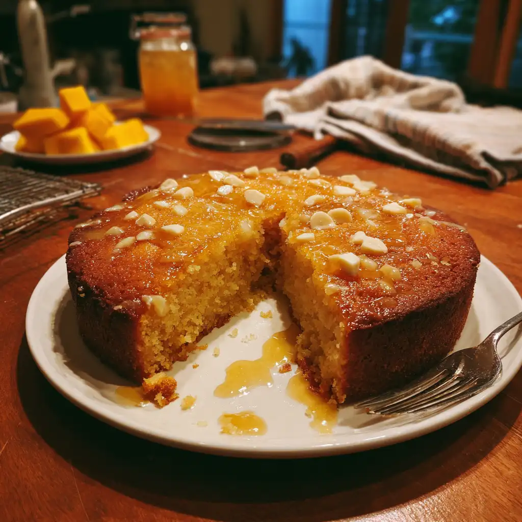 Sticky Mango Macadamia Cake with Honey Syrup