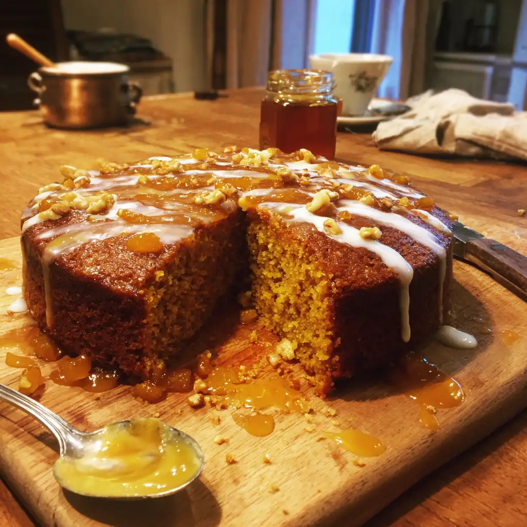 Sticky Pumpkin Apricot Cake with Spiced Cream